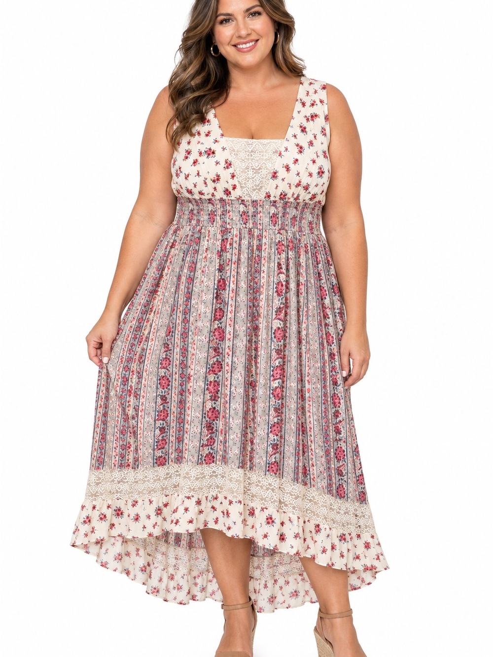 torrid Cream Floral Lace-Trim High-Low Midi Dress Size 2X